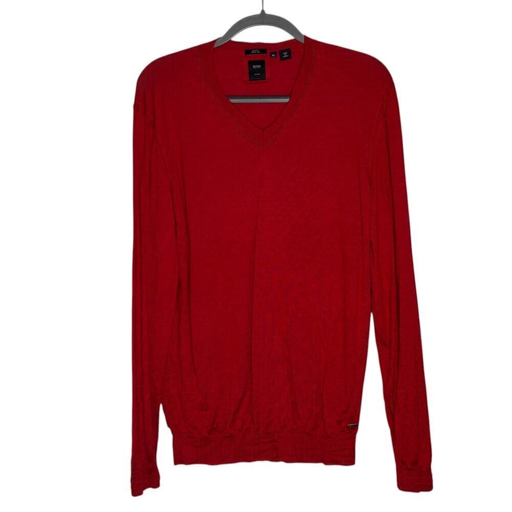 Boss Men's V-Neck Silk Wool Blend Slim Fit Sweater Red Size XL